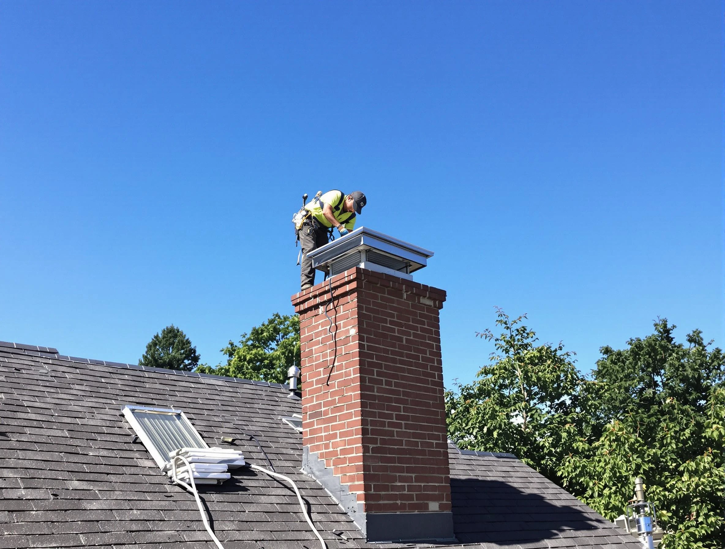 Hyrum Chimney Sweep technician measuring a chimney cap in Hyrum, UT